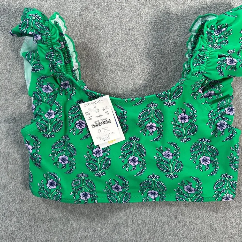 Crewcuts J.Crew Ruffle Strap Bikini Top Swimsuit Girls 12 New Green Floral BX172
